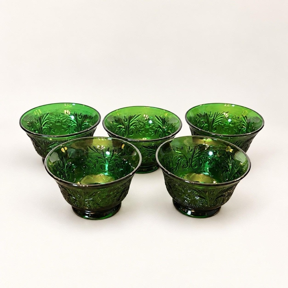 Vintage Anchor Hocking Forest Green Sandwich Glass Custard Cups Set of 5